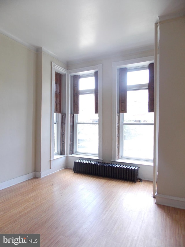 empty room with radiator heating unit and light hardwood / wood-style floors