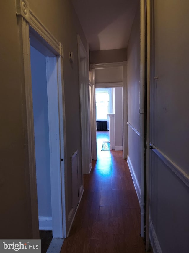 hall with radiator heating unit and dark wood-type flooring