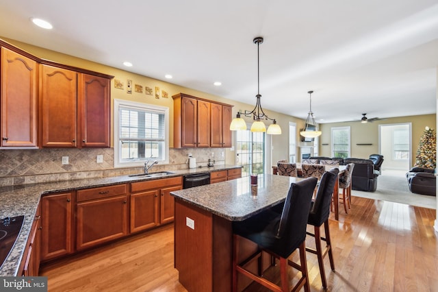 kitchen featuring pendant lighting, a healthy amount of sunlight, and light hardwood / wood-style floors