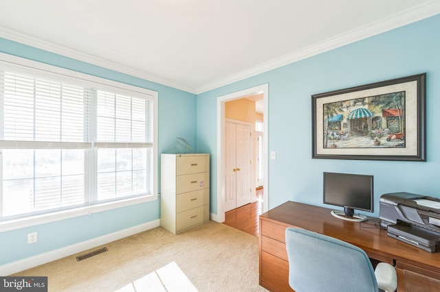 office area with carpet, plenty of natural light, and ornamental molding