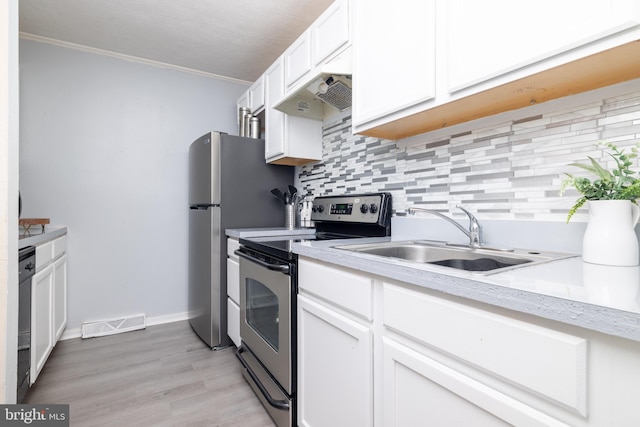 kitchen with white cabinetry, sink, light hardwood / wood-style flooring, stainless steel range with electric cooktop, and ornamental molding