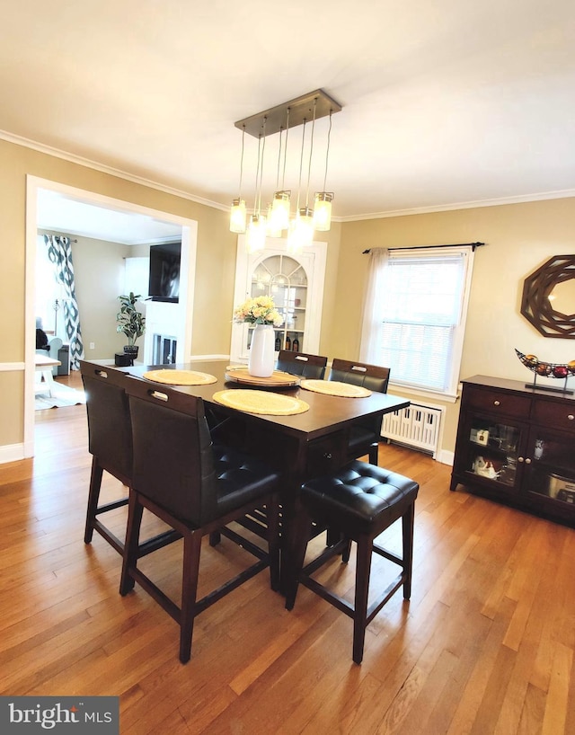 dining room featuring radiator, ornamental molding, and hardwood / wood-style flooring