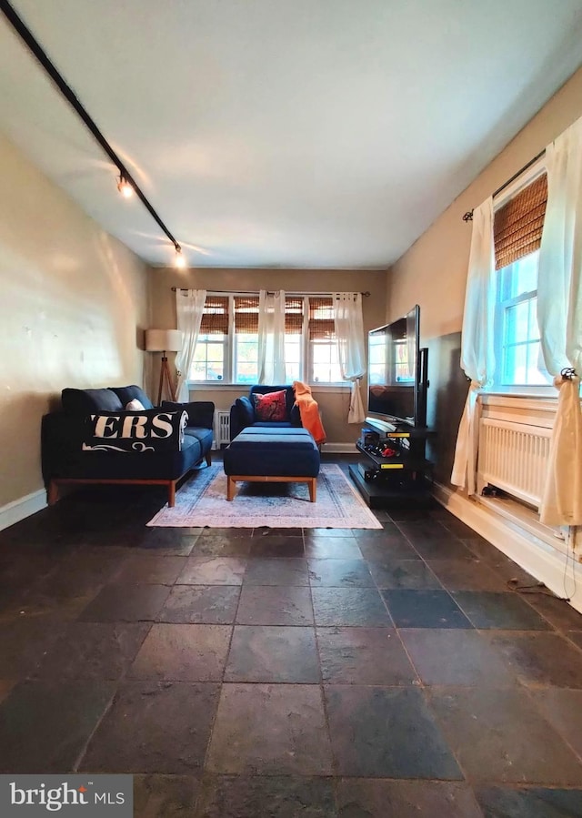 living room featuring track lighting and radiator