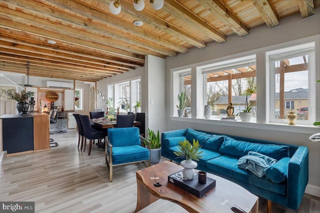 sunroom featuring beam ceiling, wooden ceiling, a wealth of natural light, and a wall mounted AC