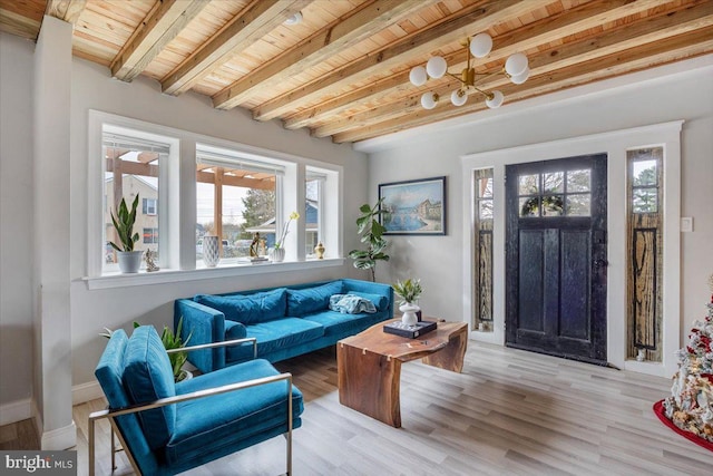 sitting room featuring beam ceiling, light wood-type flooring, and wooden ceiling