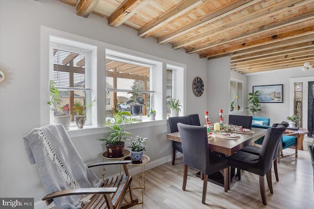 dining area featuring beamed ceiling, light wood-type flooring, a healthy amount of sunlight, and wood ceiling