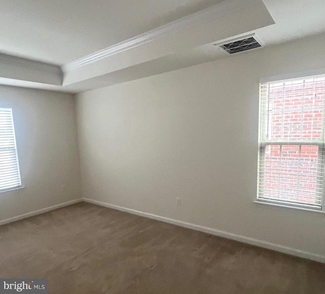 spare room featuring dark colored carpet, a wealth of natural light, and ornamental molding