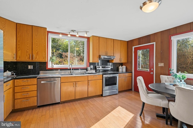 kitchen with sink, light hardwood / wood-style flooring, appliances with stainless steel finishes, backsplash, and wooden walls