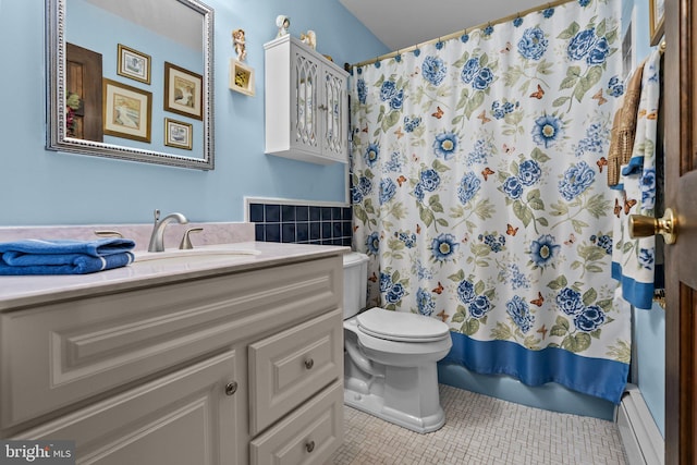 bathroom featuring curtained shower, a baseboard heating unit, tile patterned floors, toilet, and vanity