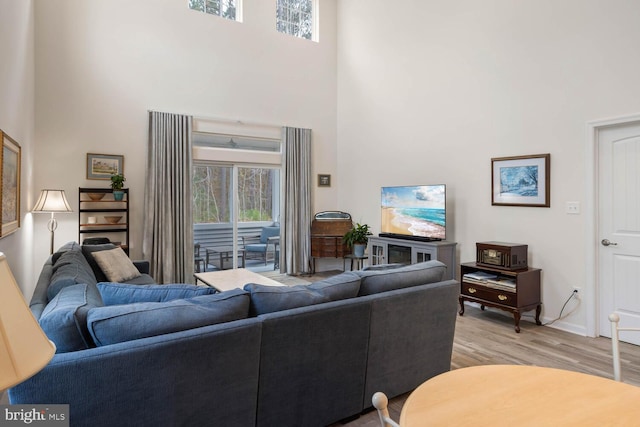 living room featuring a high ceiling and light hardwood / wood-style flooring