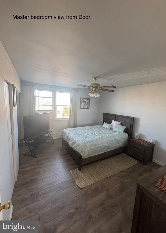 bedroom with ceiling fan and dark wood-type flooring