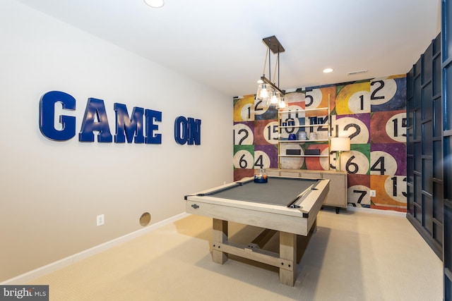 rec room featuring light carpet and billiards