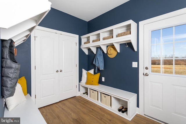 mudroom with hardwood / wood-style flooring