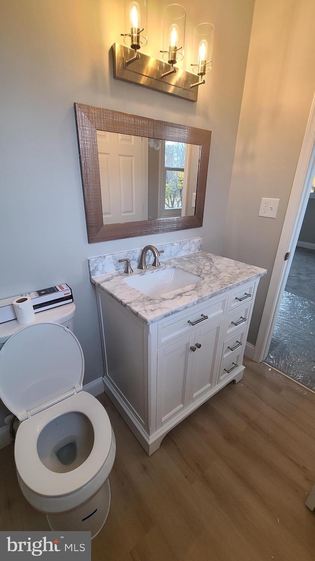 bathroom featuring vanity, toilet, and wood-type flooring