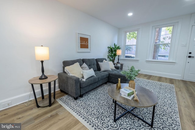 living room with light hardwood / wood-style floors and lofted ceiling