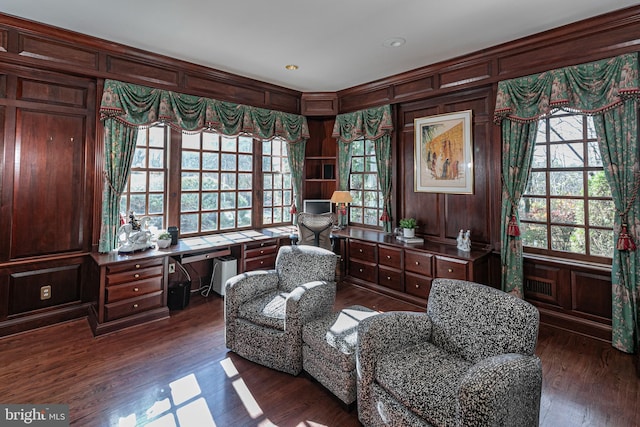 living area with wooden walls, dark hardwood / wood-style flooring, and a healthy amount of sunlight