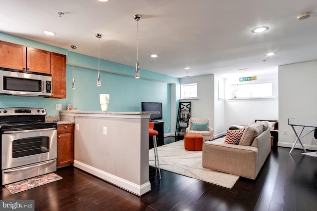 kitchen with kitchen peninsula, pendant lighting, dark hardwood / wood-style flooring, and stainless steel appliances