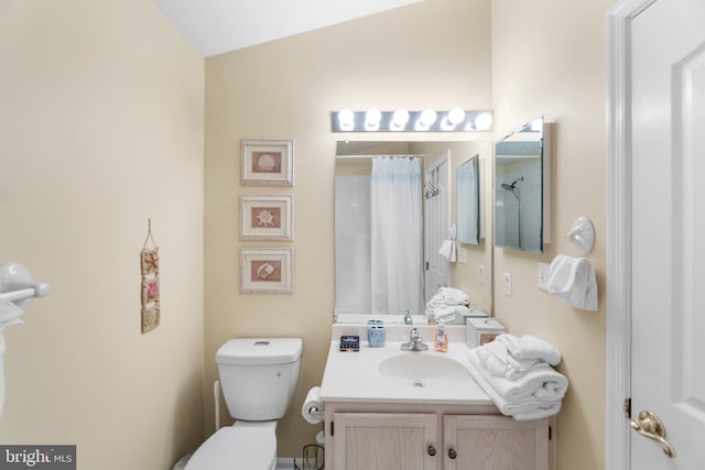 bathroom with walk in shower, vanity, lofted ceiling, and toilet