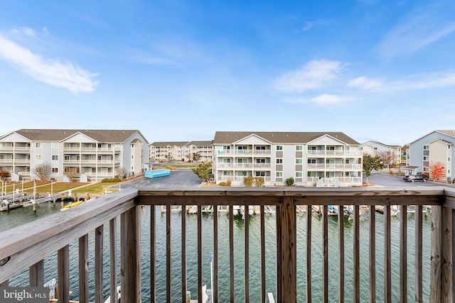 exterior space with a water view