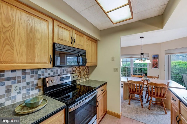 kitchen featuring decorative backsplash, pendant lighting, stainless steel electric range, an inviting chandelier, and light tile patterned flooring