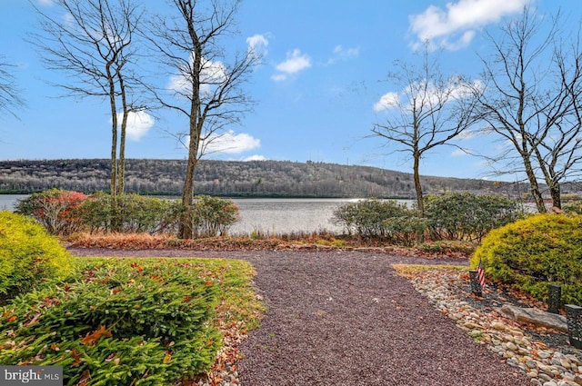 exterior space with a water view