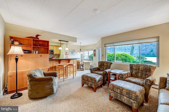 living room featuring a textured ceiling, baseboard heating, and light carpet