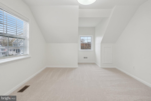 additional living space featuring light colored carpet and vaulted ceiling