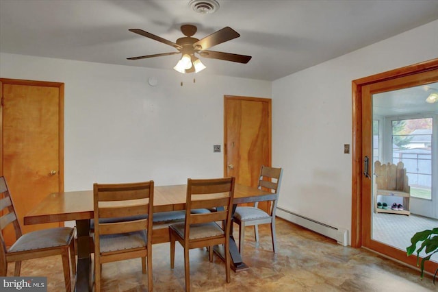 dining room with ceiling fan and a baseboard radiator