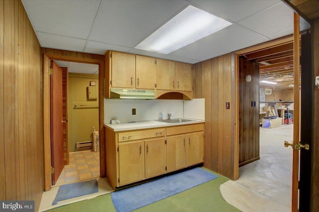 kitchen featuring a paneled ceiling, wood walls, and sink