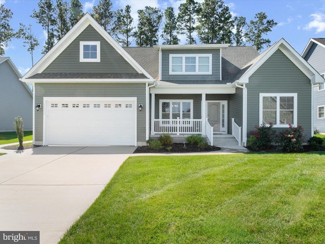 craftsman-style house with a front lawn, a porch, and a garage