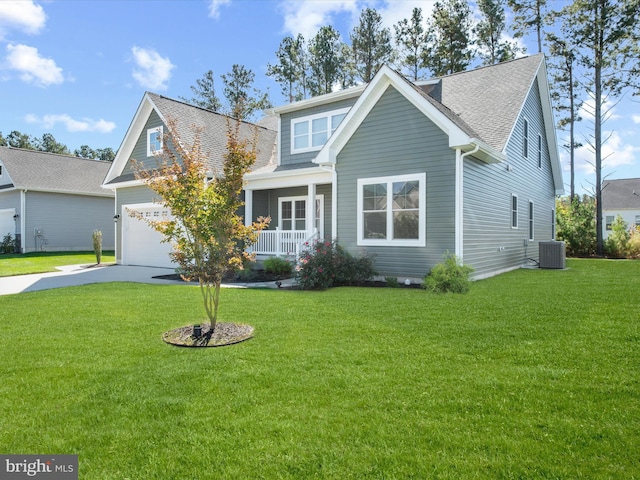 view of front of house featuring central AC, covered porch, and a front yard