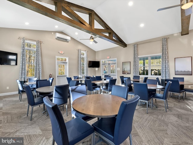 carpeted dining area with a wall mounted AC, high vaulted ceiling, ceiling fan, and beamed ceiling