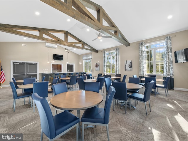 carpeted dining room featuring beam ceiling, high vaulted ceiling, a wall unit AC, and ceiling fan