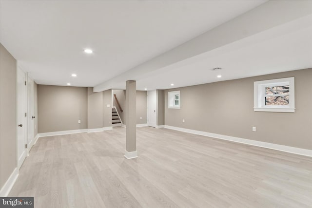 basement with light wood-type flooring