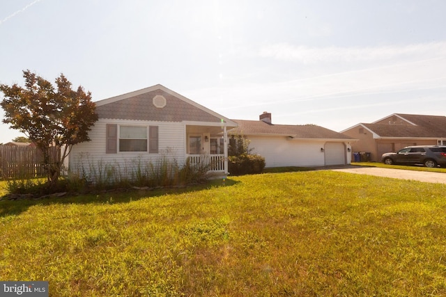 4504 Harbor Beach Blvd, Brigantine, NJ 08203 - ranch-style home with driveway, a front lawn, an attached garage, a porch, and a chimney