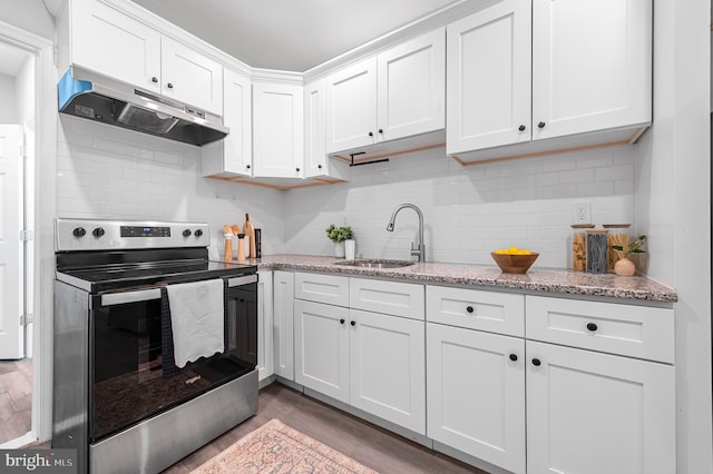 kitchen featuring light stone countertops, sink, electric stove, hardwood / wood-style flooring, and white cabinets