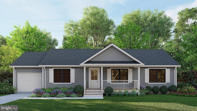 single story home with a front yard, a porch, and a garage