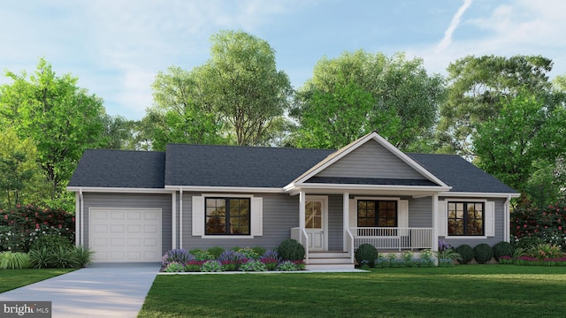 view of front of house with a front yard, a porch, and a garage