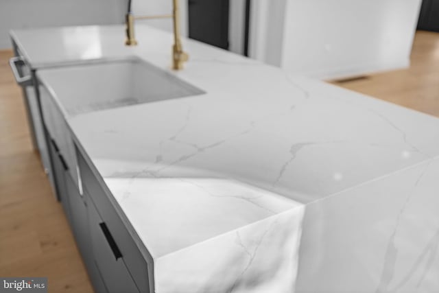 room details featuring hardwood / wood-style flooring and gray cabinets