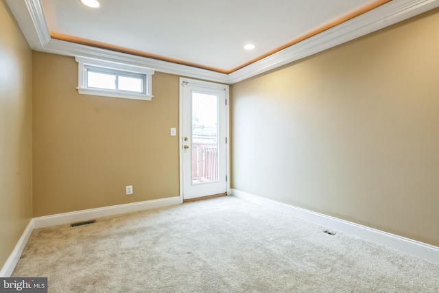 carpeted empty room featuring a raised ceiling and ornamental molding