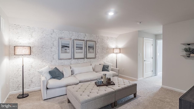 living room featuring light carpet