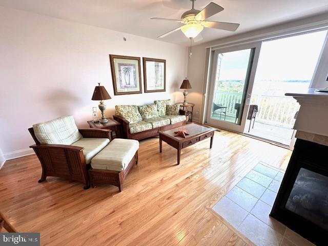 living room featuring light hardwood / wood-style floors and ceiling fan