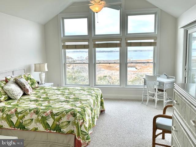 carpeted bedroom with ceiling fan and vaulted ceiling