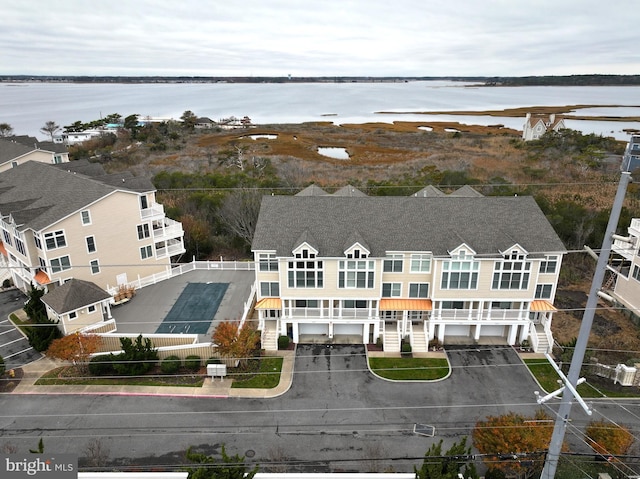 aerial view featuring a water view