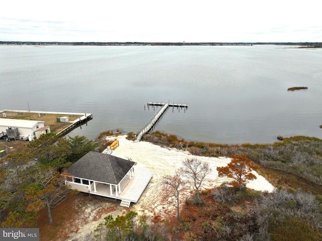 drone / aerial view featuring a water view