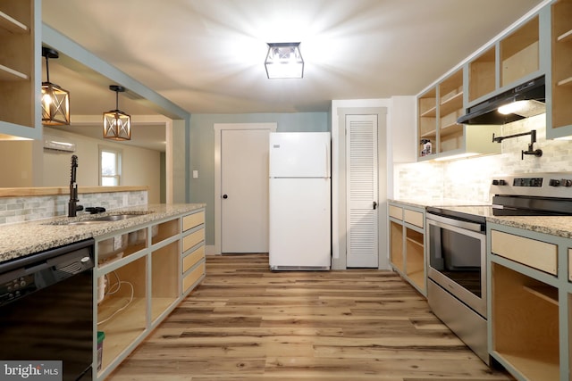 kitchen with sink, black dishwasher, white refrigerator, decorative light fixtures, and stainless steel range with electric stovetop