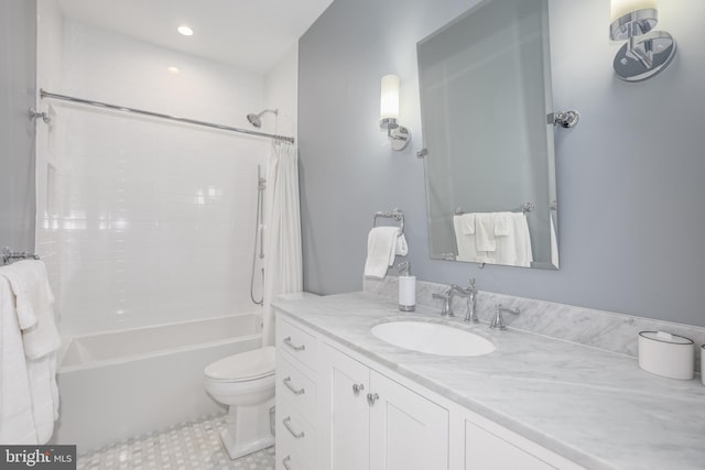 full bathroom featuring toilet, shower / bath combo, vanity, and tile patterned floors