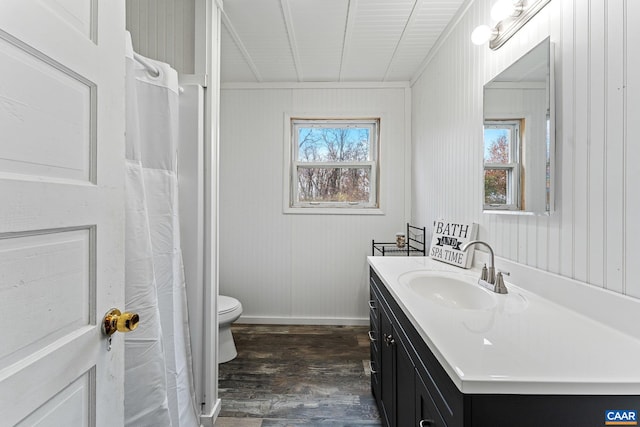 bathroom featuring wood-type flooring, vanity, toilet, and a healthy amount of sunlight