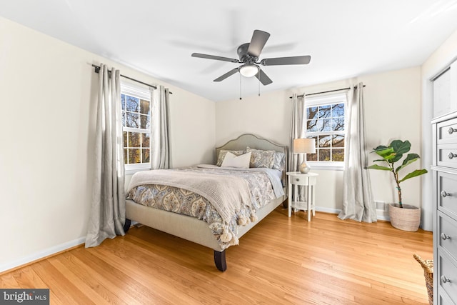 bedroom featuring ceiling fan and light hardwood / wood-style floors