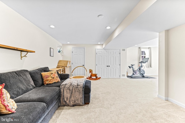 living room with light colored carpet